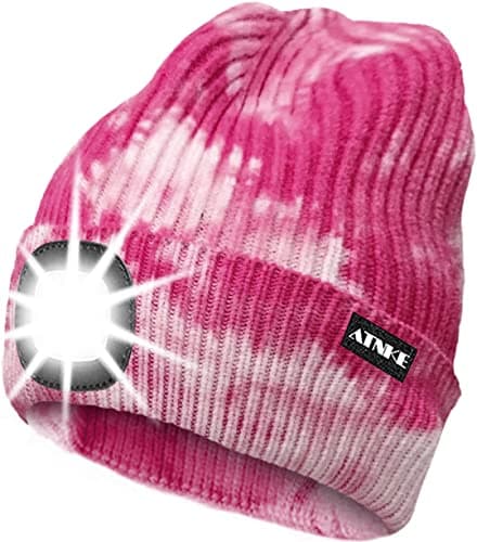 Image of ATNKE LED Lighted Beanie Cap,USB Rechargeable Running Hat Ultra Bright 4 LED Waterproof Light Winter Warm Gifts for Men and Women/Tie Dye Pink