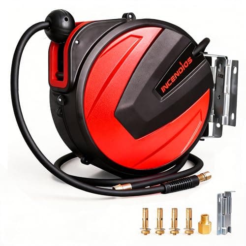 Image of Retractable Air Hose Reel - 1/4" x 15m Hybrid Polymer Air Compressor Hose Reel, Max 20BAR Heavy Duty with 2m Lead-in, 180°Swivel Wall/Ceiling Mount for Garage, Workshop & Home Studio