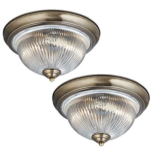 Image of Britalia 2 Pack - Antique Brass & Clear Ribbed Glass Bathroom Vintage Round Flush Ceiling Light 290mm | 2 x E14 SES Lamp Bulbs Required (Not Included) | IP44 Rated | Suitable for Outdoor Use