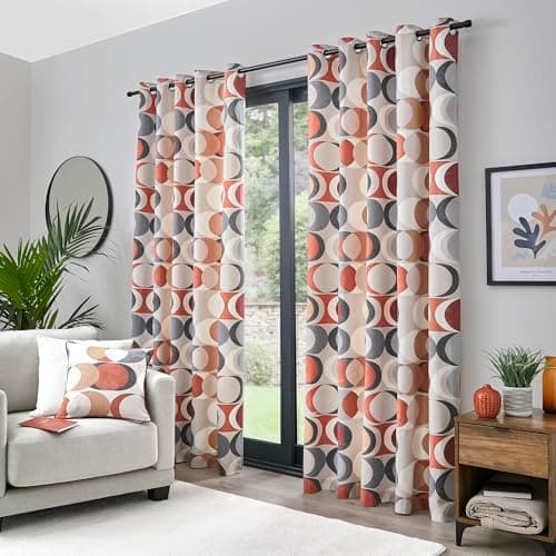 Image of Fusion Strata Spice Orange Retro Eyelet Curtains – W46 x L54 (117 x 137cm) – 2 Panels – 100% Cotton – Geometric Circle Drapes – Terracotta Window Treatment for Bedroom & Living Room – Soft Fabric