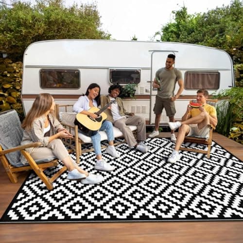 Image of LOVETRENDS Bliss Black White Outdoor Camping Rug 120x180cm 4x6ft Reversible Waterproof Picnic Mat Garden Patio Balcony Beach Festival Tent Ground Mat Compact Floor Rug Foldable Lightweight Portable