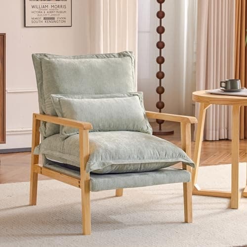Image of VINGLI Cloud Accent Chair with Lumbar Pillow,Mid-Century Modern Armchiar with Wooden Armrest, Comfy Louge Chairs with 6.3'' Thick Seat Cushion for Bedroom,Living Room,Reading Room,Sage Green
