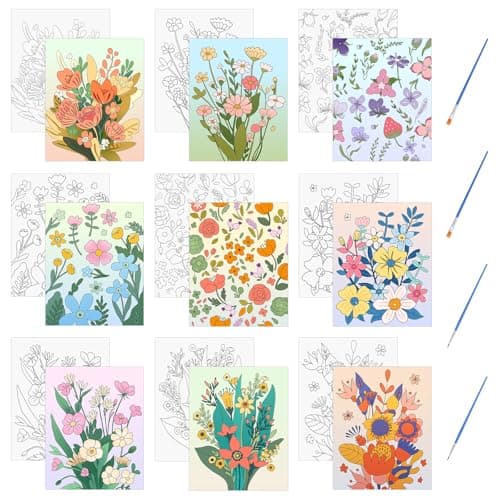 Image of HICOHAND Pre Printed Canvases, 9 PCS No-Frame Spring Floral Theme Pre Drawn Canvas Painting Kits 7.87 * 9.84 Inches Pre Stretched Canvas with Brushes for Adults Party Student DIY Gift
