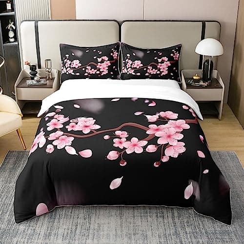 Image of Loussiesd Cherry Blossoms 100% Cotton Duvet Cover King Size Japanese Style Bedding Cotton Duvet Cover Set Decor Sakura Flower Comforter Cover Set Floral Botanical Pink Black Bedspread Cover
