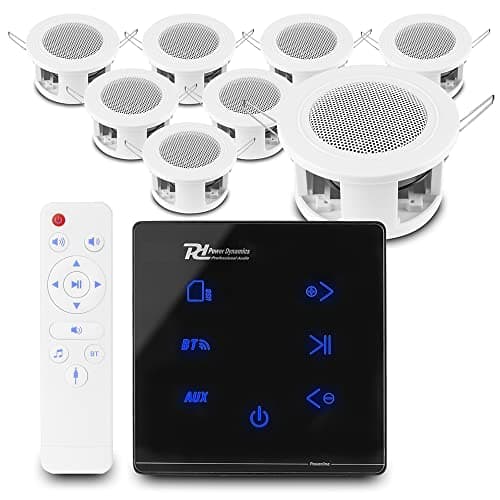 Image of Power Dynamics Bluetooth Ceiling Speakers System, Powerline A100B In-Wall Amplifier, 8x CSBA3L Compact Small Ceiling Mount Speakers, Home Audio Kit with Remote & Speaker Cable (Black)