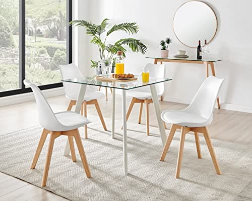 Image of Furniturebox UK Seattle Glass and White Leg Square Dining Table & 4 White Stockholm Wooden Leg Chairs