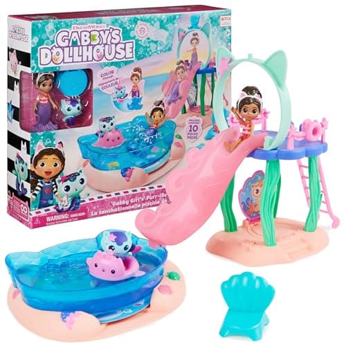 Image of Gabby's Dollhouse, Purrific Pool Party Playset with Gabby and Meerkitty Figure with Colour Changing Mermaid Fin and Bath Accessories, Suitable for Ages 3+