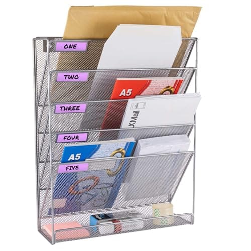 Image of ABN Finest Wall Mounted Magazine Rack Hanging File Document Holder Organiser for Letter, Literature Display, A4 Paper, Newspaper, Books - Metal Mesh 6-Tier Silver