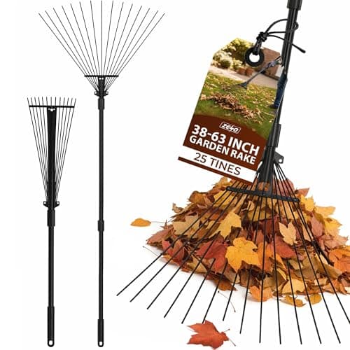 Image of ZENO Garden Rake 25 Tines | Rake for Gardening | 31-67 Inch Adjustable Rakes for Lawns, Artificial Grass & Moss | Heavy Duty Metal Tines & Comfortable Handle | Collapsible Garden Rakes | Black