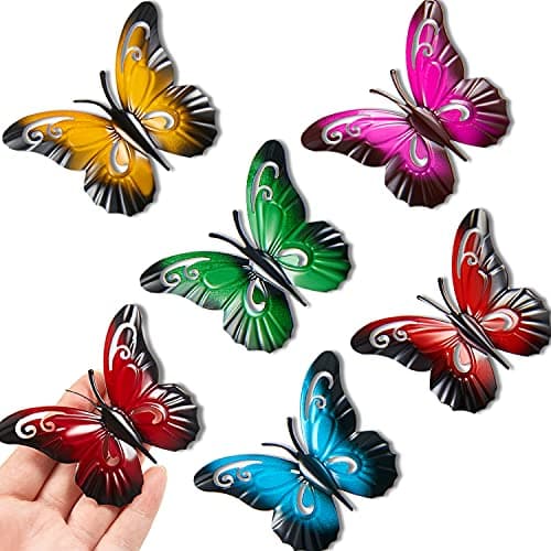 Image of Ripeng 6 Pieces Metal Butterfly Wall Art Metal Butterfly Sculpture Hanging Ornaments Garden for Indoor Outdoor Yard Wall Decor, 3.5 x 2.8 Inches