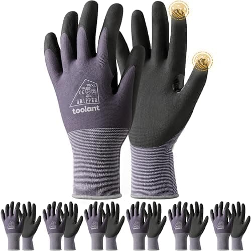 Image of toolant 6 Pairs Work Gloves MicroFoam Nitrile Coated, 15 Gauge Breathable Nylon with Grip in Wet & Oily Condition, Touchscreen, Certified Working Gloves Bulk for Gardening,Warehouse,Automotive,Gray,XL