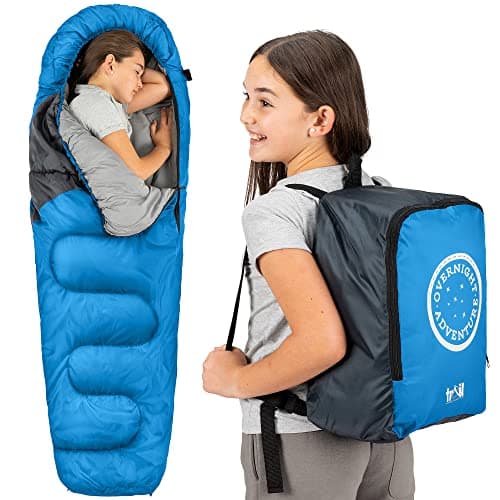 Image of Trail Kids Sleeping Bag Mummy Shape 3 Season Camping 300gsm Boys Girls with Lightweight Rucksack Bag (Blue)