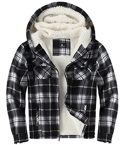 Image of JACKETOWN Men's Fleece Jackets Checked Flannel Shirt Long Sleeve Casual Work Plaid Shirt Full Zip Up Warm Hoodie WinterJacke Outwear Lined Padded Lumberjack Checked Black