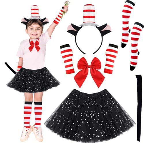 Image of KMLGY 8PCS World Book Day Hat Cat Costume with Headband, Tail, Tutu, Bowtie, Arm Warmers, Stockings and Tutu Skirt, Storybook Character Costume Set for World Book Week Parties