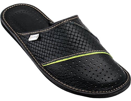 Image of ESTRO Mens Leather Slippers - Men's Mules House Shoes M55 (10 UK, M66 Black)