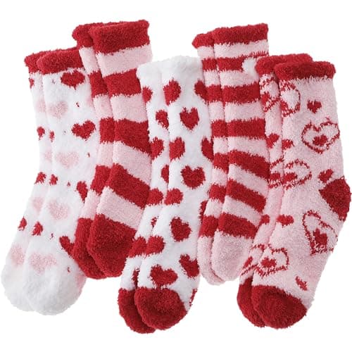 Image of EBMORE Womens Fuzzy Socks Slipper Soft Cabin Plush Warm Fluffy Winter Christmas Sleep Stocking Stuffers Cozy Adult Socks(Red Heart)﻿