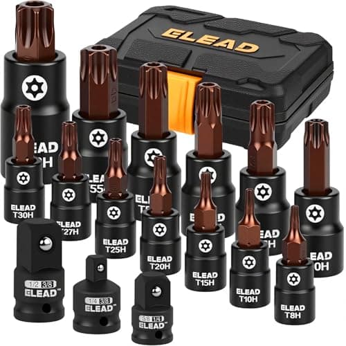 Image of 16-Piece Torx Bit Socket Set - Premium S2 Steel European Style T8-T60 with Socket Adapters, Star Bit Set 1/4”, 3/8” and 1/2” Drive | Professional Mechanic Garage Tools