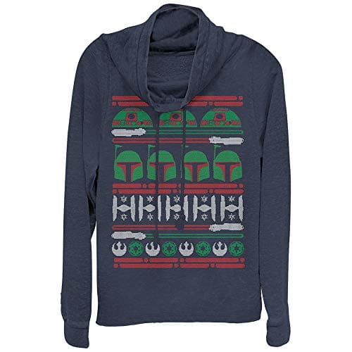 Image of Star Wars Boba Fett Ugly Christmas Sweater Juniors Graphic Cowl Neck Sweatshirt - Blue -
