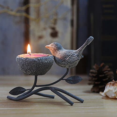 Image of Marbrasse Metal Votive Candle Holders,Decorative Tea Light Candle Stands for Table,Vintage Home Decoration Centerpiece Features Bird,Nest and Tree (Grey Black)