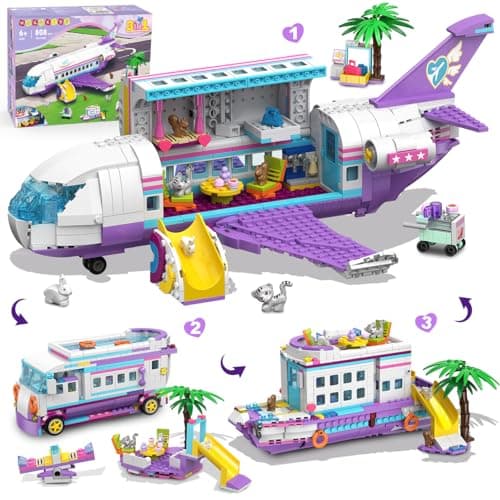 Image of HOGOKIDS 3-in-1 Friends Airplane Building Toy Set - 808PCS Plane/Boat/Camper Van Building Toys with Cute 6 Mini Animals, Slide, Fun Accessories and Stickers, Birthday Gifts for Girls Boys Age 8-12+