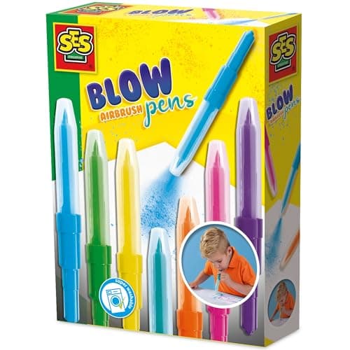 Image of SES Creative Blow Airbrush Pens, Set of 7 Assorted Colours Blo Felt Tips, Arts and Crafts, Non Toxic Washable Transition Markers for Kids Creative Drawing, Boys and Girls 5 and Up