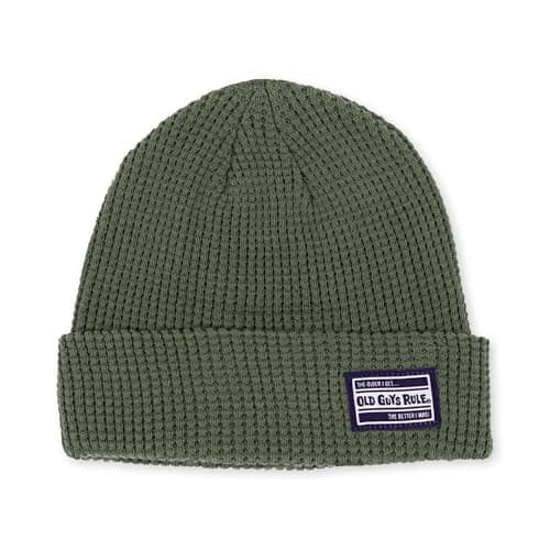 Image of OLD GUYS RULE Waffle Organic Cotton Knit Beanie, Olive, One Size, Breathable Double Layer, Foldable Hem