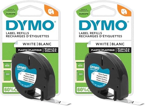 Image of Dymo LetraTag Plastic Labels | Authentic | 12 mm x 4 m Roll | Black Print on White | Self-Adhesive Multipurpose Labels | 2 Count