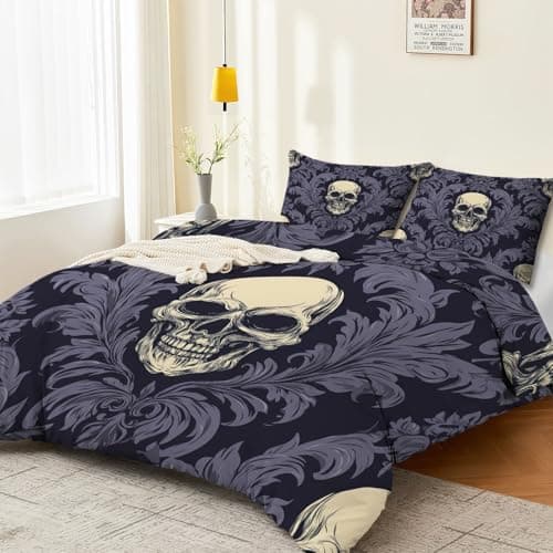 Image of Duvet Cover Set 230 × 220 cm, Gothic skulls patterns Printed Reversible Bedding Set with Zipper Closure, Grey Soft Microfiber 3-Piece Quilt Cover with 2 Pillowcases, Machine Washable