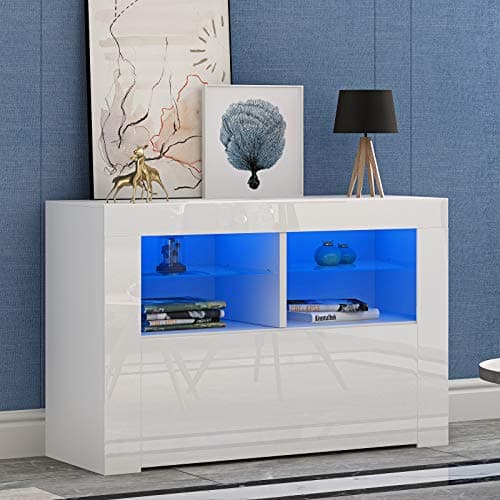 Image of Panana 100cm Modern TV Unit Led Lights Cabinet Stand Matt & High Gloss Entertainment Center for Living Room (White Matt Body & White High Gloss Fronts)