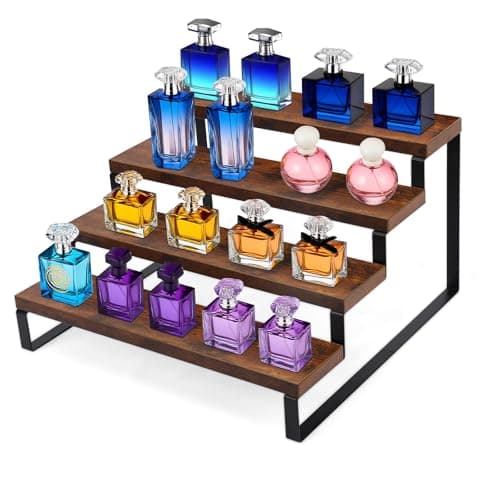 Image of QIANBAIYI Wooden Display Riser Stand, Tiered Perfume and Cologne Organizer Stand, 4 Tier Spice Rack Organizer for Kitchen Countertop Vanity , Rustic Display Shelf for Candles (4 Tier)