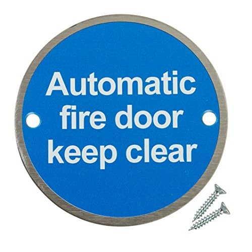 Image of Fire Door Guru® Automatic Fire Door Keep Clear Sign - 76mm Disc - Stainless Steel Safety Sign - Fixings Included