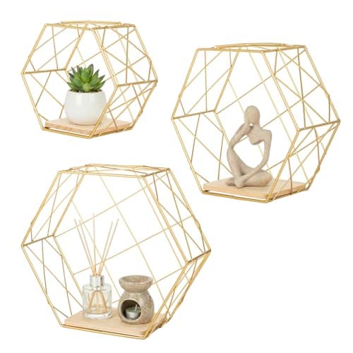 Image of SUNNYNEST Hexagon Wall Shelves Set of 3, Metal Wire Floating Shelves with Wood Base, Geometric Hanging Storage Shelves for Living Room Bedroom Office, Easy to Install