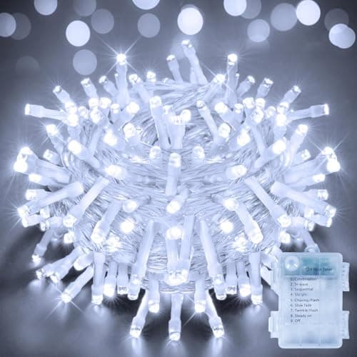 Image of Ollny Fairy Lights Battery Operated, 10m 100 LEDs Bright Battery Powered String Lights, Cool White Outside Christmas Lights Waterproof with 8 Modes/Timer for Indoor Outdoor Bedroom Garden Decorations