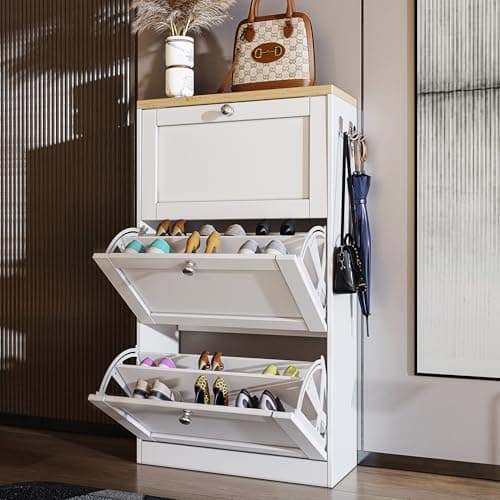 Image of Shoe Storage Cabinet with 3 Flip Drawers Shoe Cabinets Wooden Slim Rack Cabinet Cupboard Freestanding Storage Organiser for Hallway Entryway White 80W x 24D x 128.5H cm