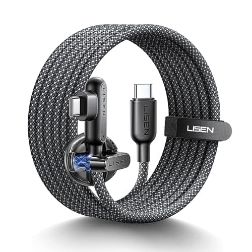 Image of LISEN USB C to USB C Charger Cable 100W, Type C Charger Cable Fast Charging [2M, Cord Holder] Right Angle USBC to USBC for iPhone 17 16 15 Pro Max, MacBook Pro/Air, HP, iPad Air 5, Galaxy S25, PS5
