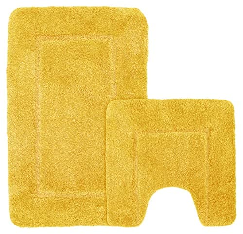 Image of Velosso Super Soft Microfibre High Density Bath Mat Pedestal Mat Anti Slip Super Absorbent (Ochre, Bath Mat and Pedestal Set)
