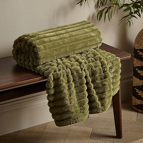 Image of Catherine Lansfield Cosy Ribbed Faux Fur 130x170cm Blanket Throw Olive Green