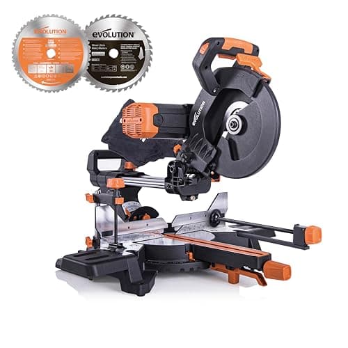 Image of Evolution Power Tools R255SMS-DB+ Double Bevel Sliding Mitre Saw, Multi-Material Cuts Metal, Wood, Plastic & More - with Plus Pack includes Clamps, Dust Bag & Blades, 255mm (230V)