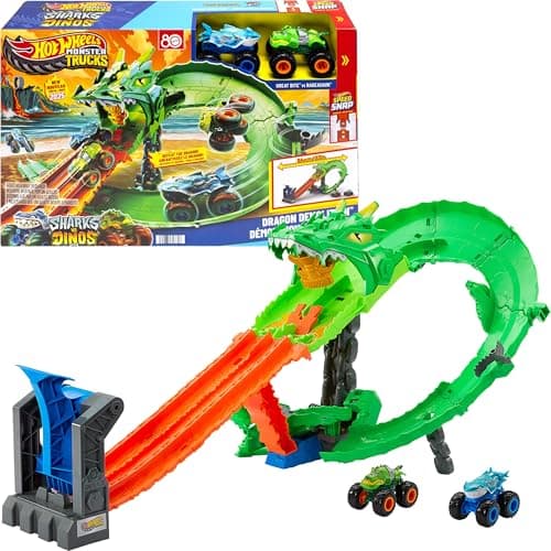 Image of Hot Wheels Toy Monster Trucks, Sharks vs. Dinos Dragon Destruction Playset with 1:64 Scale Great Bite & Rageasaur, Race to Defeat the Cyborg Nemesis, JGB06