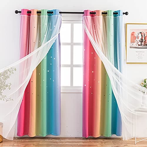 Image of Stiio Kids Blackout Curtains 2 Panels, Star Cutout Ombre Stripe Rainbow Curtains Light Blocking Window Treatment for Girls Bedroom Home Decor, W52 x L63 inches