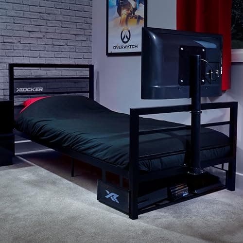 Image of X-Rocker Basecamp TV Gaming Bed with Rotating Mount, Storage and Cable Management, Single 3ft Low Sleeper Bedstead, Metal Frame, Ideal for Kids Bedroom, Up to 40" TV Supported - Black