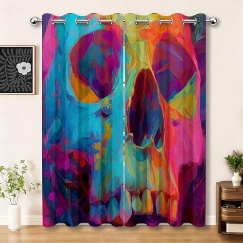 Image of Color Blackout Curtains, Set of 2 Surrealism Abstraction Skull Art Eyelet Curtains W 46" x L 54" (2 Panels) - Elevate Your Space Perfect for Modern Bedroom and Home Office