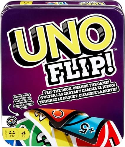 Image of Mattel Games UNO FLIP! Family Card Game, with 112 Cards in a Sturdy Storage Tin, Makes a Great Gift for 7 Year Olds and Up, GDG37