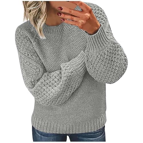 Image of RLEHJN Winter Jumpers for Women Chunky Knit Jumpers Plain Knitted Jumper Ribbed Cuffs Long Sleeve Pullover Tops Solid Color Crew Neck Knitwear Ladies Jumper Size 8-22