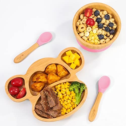 Image of Vinsani Bamboo Monkey Plate Bowl and Spoon Set for Baby Toddler Kids Childen, Suction Plate, Stay-Put Non-Slip Base Design, Hypoallergenic, Food-Grade Silicone and BPA-Free Baby Feeding Set (Pink)
