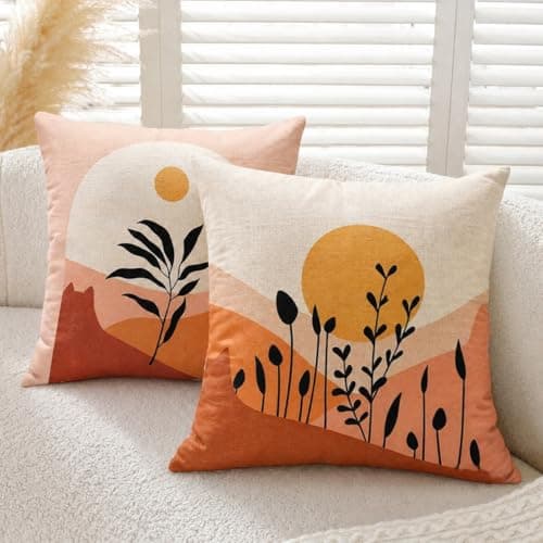 Image of Gemdoit Abstract Landscape Cushion Covers 45x45cm - Modern Boho Style with Sun and Plant Design - Decorative Throw Pillow Covers for Sofa, Living Room, or Bedroom - Set of 2