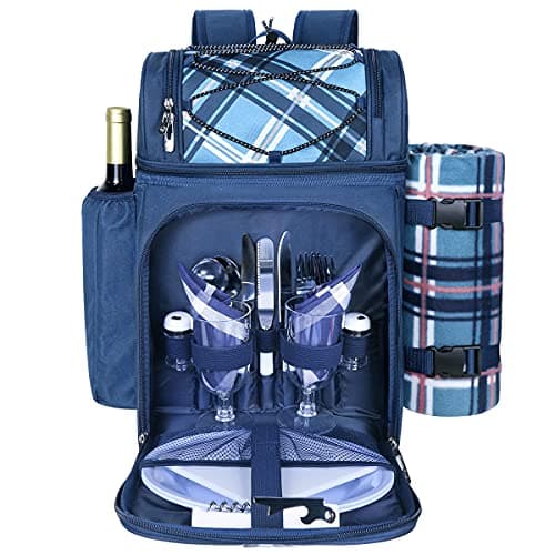 Image of Hap Tim Picnic Basket Backpack for 2 Person with 2 Insulated Cooler Compartment, Wine Holder, Fleece Blanket, Cutlery Set,Perfect for Beach, Hiking, Camping, BBQs, Family or Wedding Gifts(36083-BL)