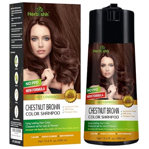Image of Herbishh Hair Color Shampoo for Gray Hair 400 Ml - Enriched Color Formula - Hair Dye and Conditioner - Long Lasting & DIY (Chestnut Brown)