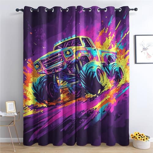 Image of Luxfieo Monster Truck Blackout Curtains for Living Room Bedroom - 90 Inch Drop Curtains 54x90, Kids Boys Cool Truck Car Patterned Window Treatments, Thermal Eyelet Drapes 2 Panels