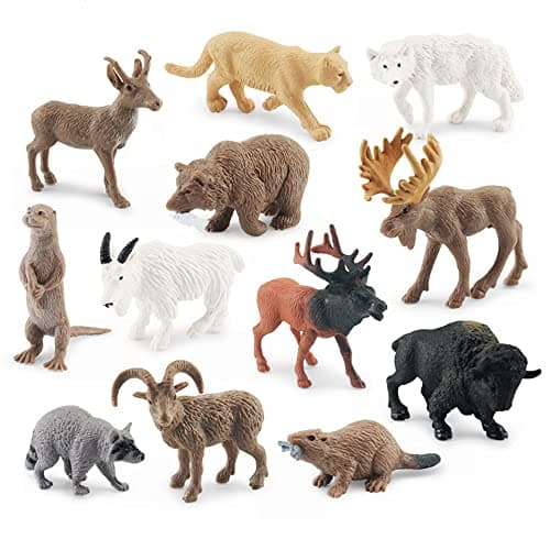Image of NatureMan North American Animals Set 12PCS Mini Wild Animals Figurines Set cludes Moose Raccoon Cougar, Wolf, Beaver for Children Educational Toy Cake Toppers